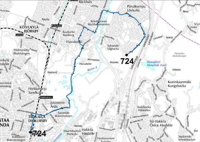 Liite 1-11 Linja 724 Tikkurilan asema Havukoski Rekola Päiväkumpu Linja 724 Ruuhka Päivä/ilta La, päivä Su, päivä Vuoroväli, min 60 120/ - - - Linjan kuvaus Linja 724 muuttuu arkisin aamu- ja