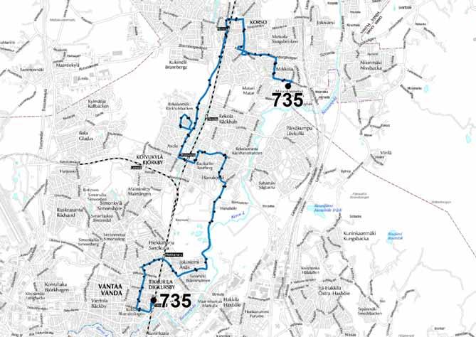 Liite 1-14 Linja 735 Tikkurilan asema Jokiniemi Havukoski Koivukylän asema Peijas Korson asema Mikkola Linja 735 Ruuhka Päivä/ilta La, päivä Su, päivä Vuoroväli, min 20 20/30 20 30 Linjan kuvaus