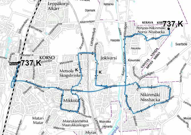 Liite 1-16 Linja 737 (K) Pohjois-Nikinmäki Nikinmäki (Jokivarsi) Mikkola Korson asema Linja 737 (K) Ruuhka Päivä/ilta La, päivä Su, päivä Vuoroväli, min 30 120/- - - Linjan kuvaus Linja 737 palvelee