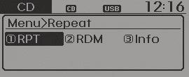 Autosi ominaisuudet VALIKKO: Audio CD Paina CD MP3 -tilassa MENU painiketta asettaaksesi Repeat-toiston, Randomsatunnaistoiston tai katsoaksesi lisätietoja kappaleesta.