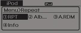 Autosi ominaisuudet VALIKKO: ipod Paina MENU painiketta ipod-tilassa asettaaksesi toistotoiminnon tai albumin/kaikkien tiedostojen satunnaiston tai katsoaksesi lisätietoja kappaleesta.