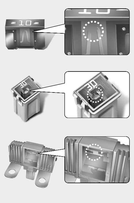 Huolto SULAKKEET Litteä sulake Kasettisulake Sulakejohdin Palanut Palanut Palanut OTA070039 Auton sähköjärjestelmä on suojattu sulakkeiden avulla mahdollisen sähköisen ylikuormituksen aiheuttamilta