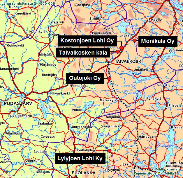 6 Iijoen yläosien kalankasvatuslaitokset Velvoitetarkkailujen tulokset 2016 Kuva 2-4. Tarkkailuohjelmassa mukana olevien kalankasvatuslaitosten sijainnit. 2.2 Monikala Oy Monikala Oy:n tarkkailu perustuu Pohjois-Suomen aluehallintoviraston päätökseen 37/2016/1.