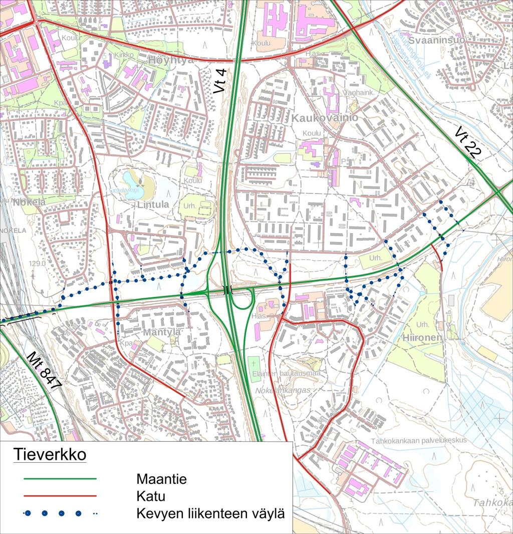 Mt 8155, Poikkimaantien parantaminen välillä Oulun Satama vt22 7 Kuva 2b Suunnittelualueen tieverkko. Poikkimaantie ylittää suunnittelualueella Oulu Seinäjoki rautatien.