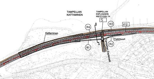 Kuva 44. Valtatien 12, Rantaväylän kattamisratkaisu Ranta-Tampellan kohdalla, pituusleikkaus. Kuva 42. Valtatien 12, Rantaväylän kattamisratkaisu Ranta-Tampellan kohdalla, suunnitelmakartta. Kuva 45.