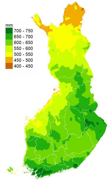 POHJOISET OLOSUHTEET Positiivinen vesitase pohjoisissa olosuhteissa Sadanta vaihtelee Suomessa alueittain