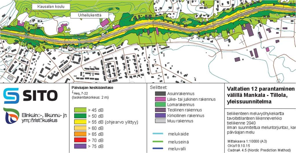 Valtatien meluennuste. Päivämelu 2040. Lähde: Valtatien 12 yleissuunnitteluun liittyvät meluselvitykset, 2015. http://www.ely-keskus.fi/web/ely/uusimaa-vt-12-uusikyla-tillola#.