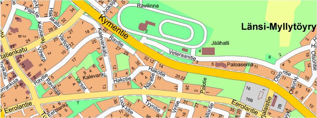 Olemassa olevat kevyen liikenteen yhteydet (punainen yhtenäinen viiva) ja yhteystarpeet (punainen katkoviiva). Olevat alikulut punaisella ympyrällä 5.
