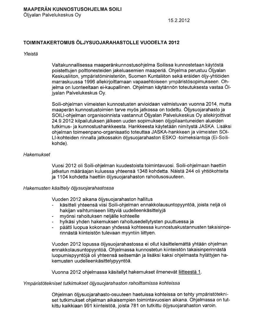 Öljysuojelurahaston toimintakertomus 2012, liite