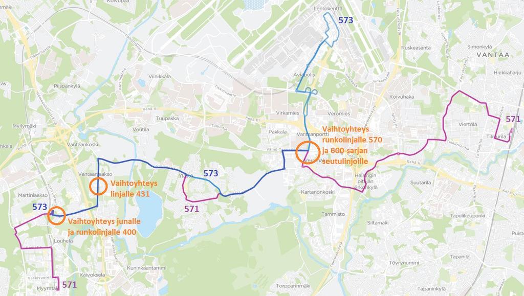 Ylästön joukkoliikenneyhteydet 571 Tikkurila Pakkala Ylästö Martinlaakso Myyrmäki 573 Lentoasema Pakkala Ylästö Martinlaakso Korvaa lakkautettavaa linjaa 415 Linjoja liikennöidään pääosan