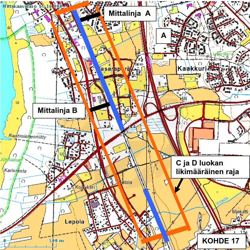 8/26 Kuva 2. Oulunlahden LP suunnittelualueella tehtiin ympäristötärinämittaukset vuonna 2008 mittalinjoilta A ja B (kuvassa mustalla, paksulla viivalla).