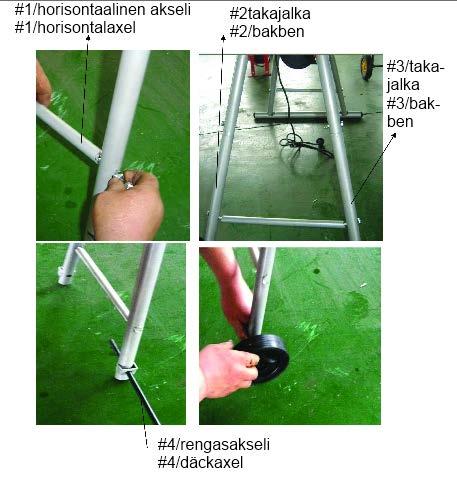 #1/horizontal axle #2/back leg #3/back leg #4/wheel axle Yhdistä horisontaalinen akseli (1) takajalkoihin (2&3) ruuveilla. Kokoa sitten rengasakseli (4) renkaisiin.