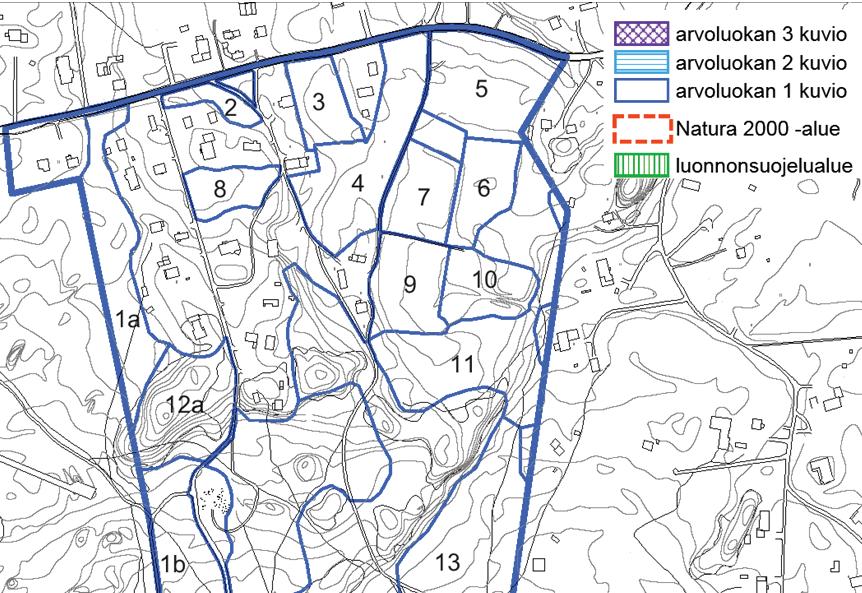 Kaava-alue Planområde Luontoselvityksen kar a 4. Arvoalueet. Karta 4 från naturutredningen.