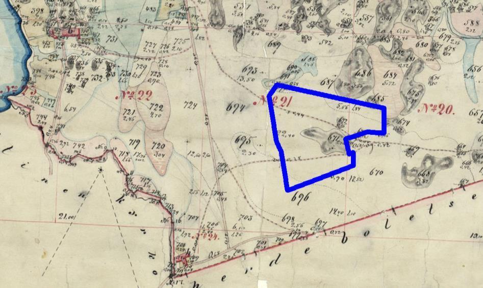 3 Kartta 3. Ote kartasta Karta öfer Hietala skatte hemmans No 10 Egor vuodelta 1868. Karttaan on lisätty tarkastelualue sinisellä aluerajauksella.