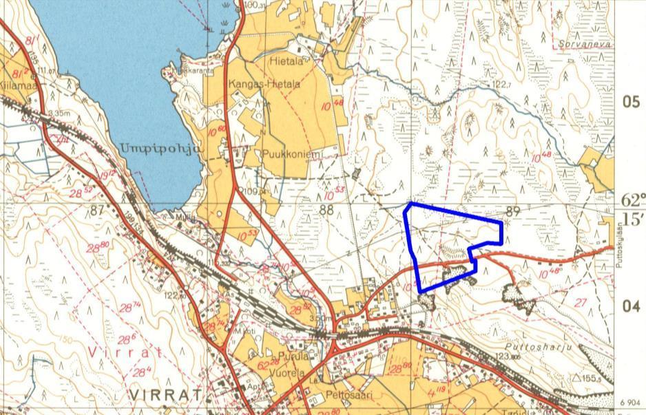 4 Kartta 4. Ote vuoden 1960 peruskartasta 2214 08 Virrat. Karttaan on lisätty tarkastelualue sinisellä aluerajauksella.