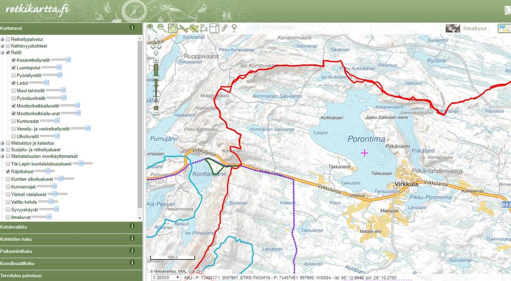 PORONTIMAN RANTA-ASEMAKAAVA 17 Kuva 19 Karhunkierroksen ym. reittien kartta Rukan läheltä 3.1.5 Maanomistus Kaava-alueen kiinteistöt ja omistus on seuraava: KUUSAMON VALTIONMAA 305-893-10-1, om.