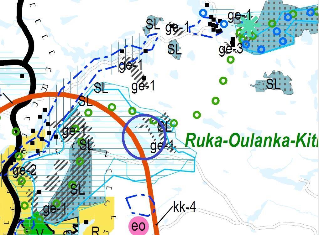 PORONTIMAN RANTA-ASEMAKAAVA 18 Kuva 20 Maakuntakaavojen ja 3. vaihemaakuntakaavan luonnoksen yhdistelmä. Violetti ympyrä osoittaa summittain kaava-alueen sijainnin Alue kuuluu Rukan osayleiskaavan ns.