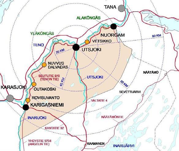 ( TENONLAAKSON RANTAOSAYLEISKAAVAT - UTSJOEN OSA-ALUEEN OSAYLEISKAAVA Kuva: Utsjoen kunnan aluerakenne Yleiskaava-alueeseen sisältyy Utsjoen kyläkeskus ja sen ulkopuolista Tenojoen ranta-aluetta noin