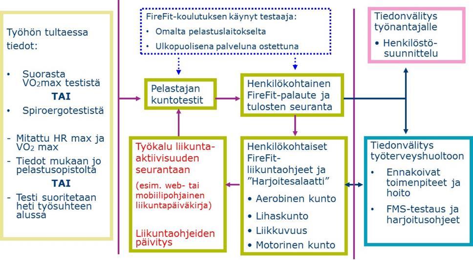 46 Kuvassa 7 on FireFit-järjestelmän mukainen testausprosessi (Lusa ym. 2010a), johon tässä hankkeessa edellä kuvatun mukaisesti on lisätty motoriikan ja liikkuvuuden osa-alueet.