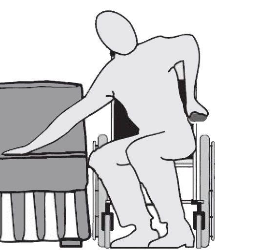 Invacare Action Vertic 1. Ohjaa pyörätuoli mahdollisimman lähelle istuinta, jolle haluat siirtyä. 2. Ota pysäköintijarrut käyttöön. 3. Irrota käsinojat tai siirrä nosta ne pois tieltä. 4.