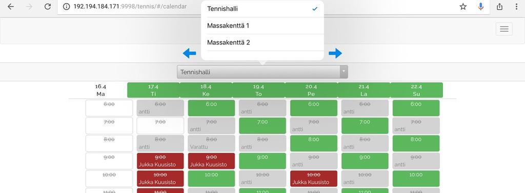 Omat vuorot näkyvät punaisella, muut varatut harmaina ja vapaat vihreinä (menneet vapaat