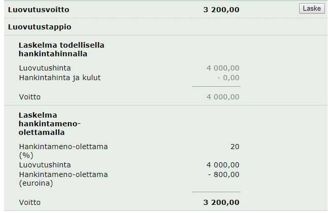 hankintameno-olettaman, joka on 20 prosenttia myyntihinnasta, jos omistusaika on alle 10 vuotta tai 40