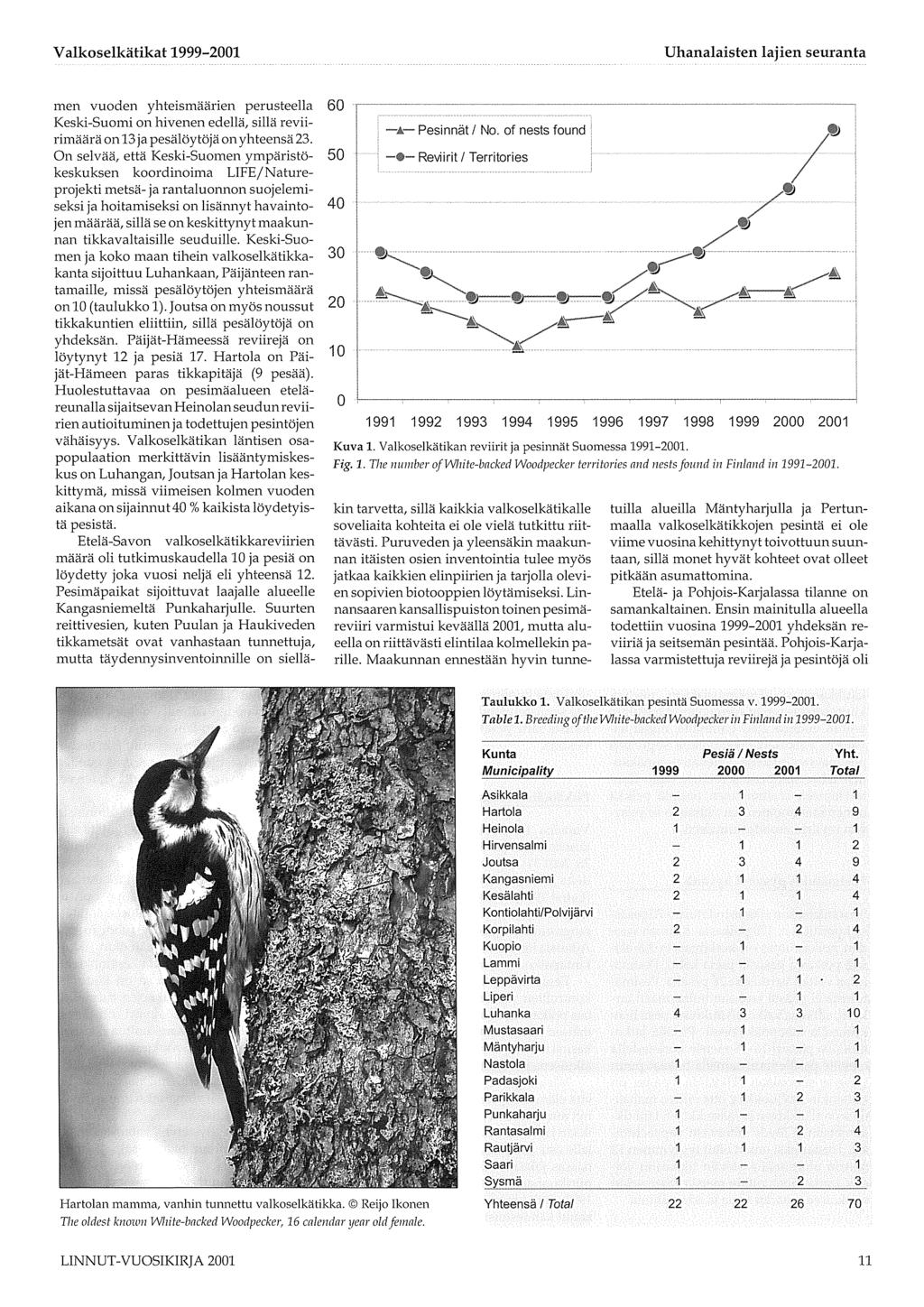 Valkoselkätikat 1999-001 Uhanalaisten lajien seuranta men vuoden yhteismäärien perusteella 60 Keski-Suomi on hivenen edellä, sillä reviirimäärä on 1ja pesälöytöjä on yhteensä.