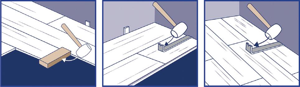 kuva 5. Varmista pitkän sivun saumojen kiinnitys naputtamalla lautaa/laattaa lyöntikapulan ja kumivasaran avulla.