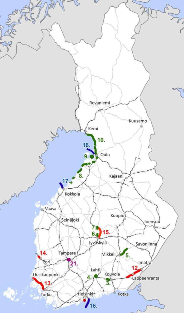 Hailuodon kiinteä yhteys 10. Vt 4 Oulu-Kemi VESIVÄYLÄHANKKEET 16. Vuosaaren meriväylä 17. Kokkolan meriväylä 18. Oulun meriväylä RAITIOTIEHANKKEET 19. Raidejokeri 20. Länsimetron jatke 21.