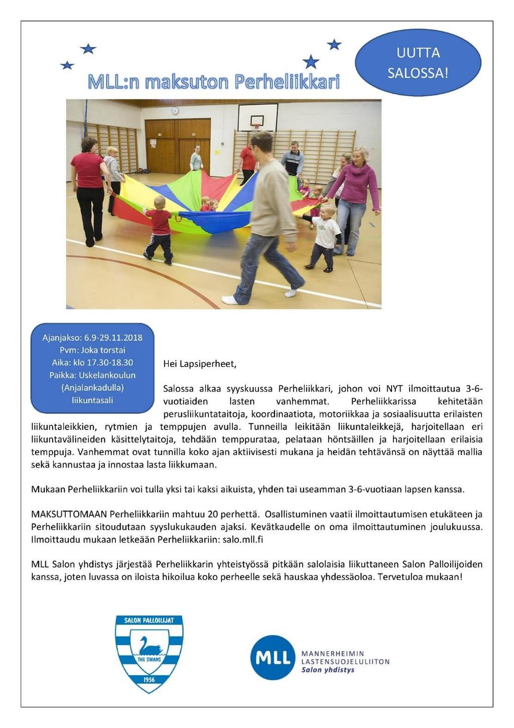 Perheliikkari alkaa syyskuussa SalPa ja MLL Salo yhteistyössä liikuttaa perheitä.