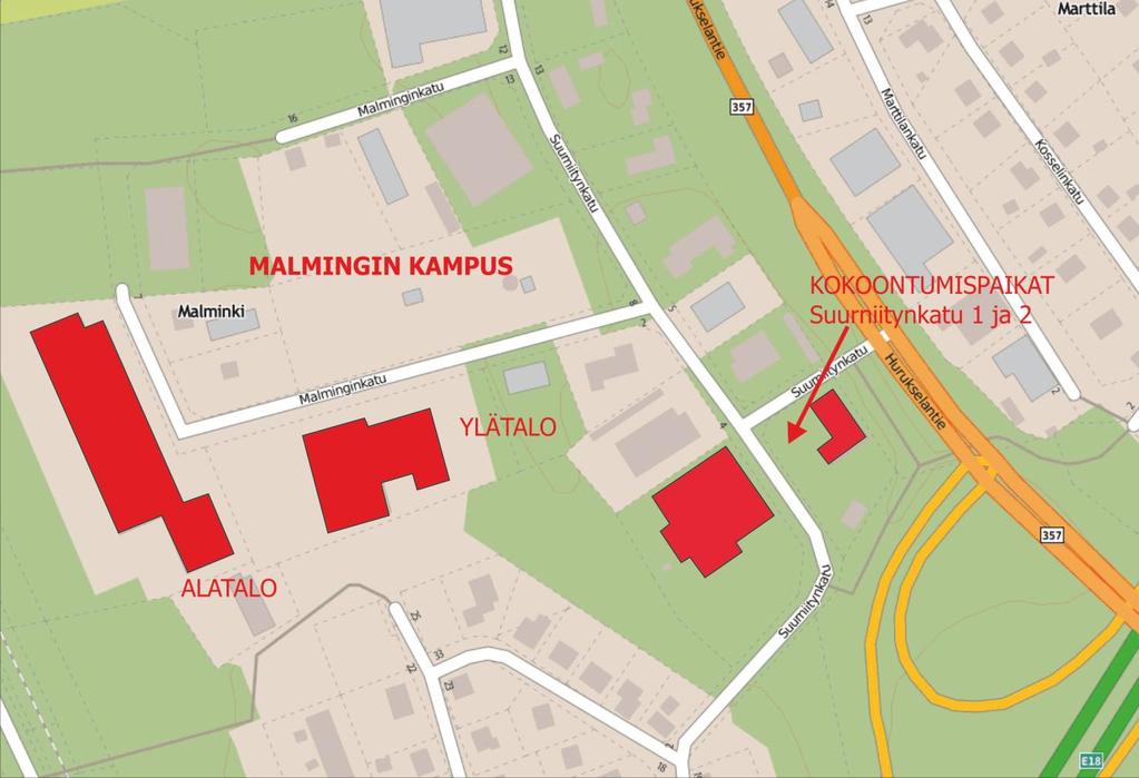 Malmingin kampus: Evakuointitilanteessa siirrytään ensin talojen välissä olevalle pysäköintipaikalle ja siitä siirrytään tarpeen niin