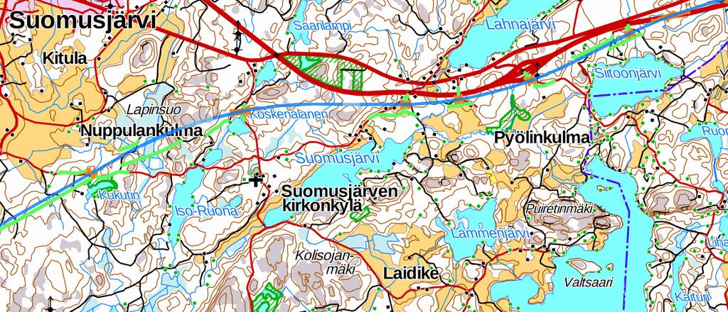 Suunnittelun haasteelliset kohteet Salossa 5/5 Suomusjärvi-suunnitteluosuuden itäpää Raide ylittää E18 tien sillalla siirtyen valtatien eteläpuolelle Lahnajärvellä noin KM 80+000 kohdalla