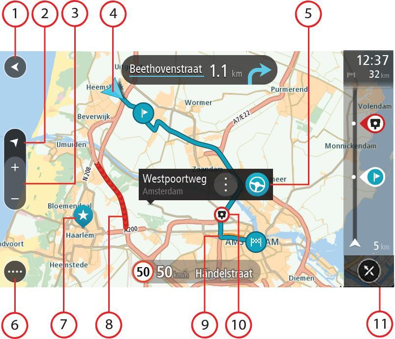 Jos olet suunnitellut reitin, se näkyy kartassa kokonaisuudessaan. Voit lisätä pysähdyksiä reitille lisäämällä niitä suoraan karttaan. Kun alat ajaa, näyttöön tulee opastusnäkymä. 1. Paluupainike.