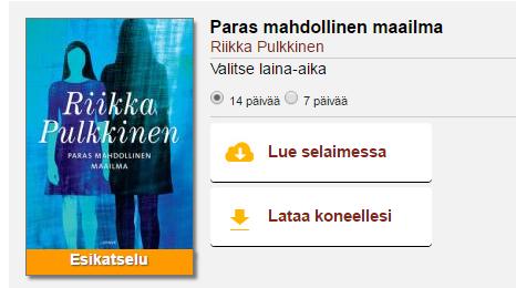 Lainaa, lue ja kuuntele Kun olet löytänyt lainattavan teoksen, klikkaa teoksen kansikuvaa. Pääset tarkempiin teostietoihin. Lue/kuuntele selaimessa: Laina avautuu selaimeen.