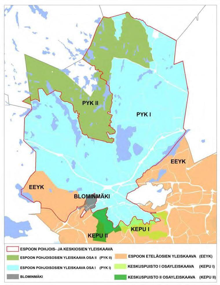 12 (19) Alueella voimassa olevia oikeusvaikutteisia yleiskaavoja ovat Espoon pohjoisosien yleiskaavan osa I ja osa II ja Espoon eteläosien yleiskaava (Espoonkartanon alue).