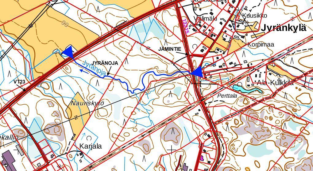 9 2.2.4 JYRÄNOJA Jyränoja laskee Kankaanpään kaupungin pohjoispuolelta valtatie 23 alta Lohipuroon. Jyränoja saa alkunsa Puolustuslaitoksen alueelta Niinisalon Yskänlähteeltä.