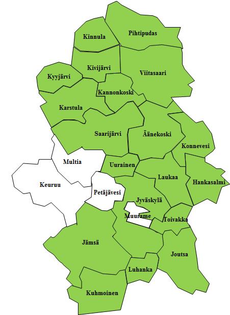 Asukasluku Kunta 12/2016 Hankasalmi 5 156 Joutsa 4 671 Jyväskylä 138 780 Jämsä 21 259 Kannonkoski 1 435 Karstula 4 235 Kinnula 1 699 Kivijärvi 1 161 Konnevesi 2 756