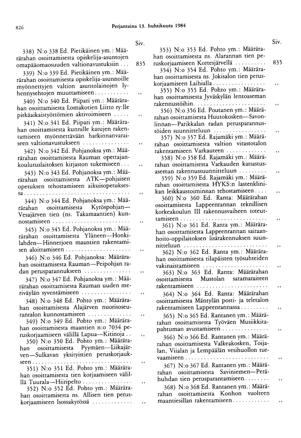 826 Perjantaina 13. huhtikuuta 1984 338) N:o 338 Ed. Pietikäinen ym.: Määrärahan osoittamisesta opiskelija-asuntojen omapääomaosuuden valtionavustuksiin... 835 339) N:o 339 Ed. Pietikäinen ym.: Määrärahan osoittamisesta opiskelija-asunnoille myönnettyjen valtion asuntolainojen lyhennysehtojen muuttamiseen.