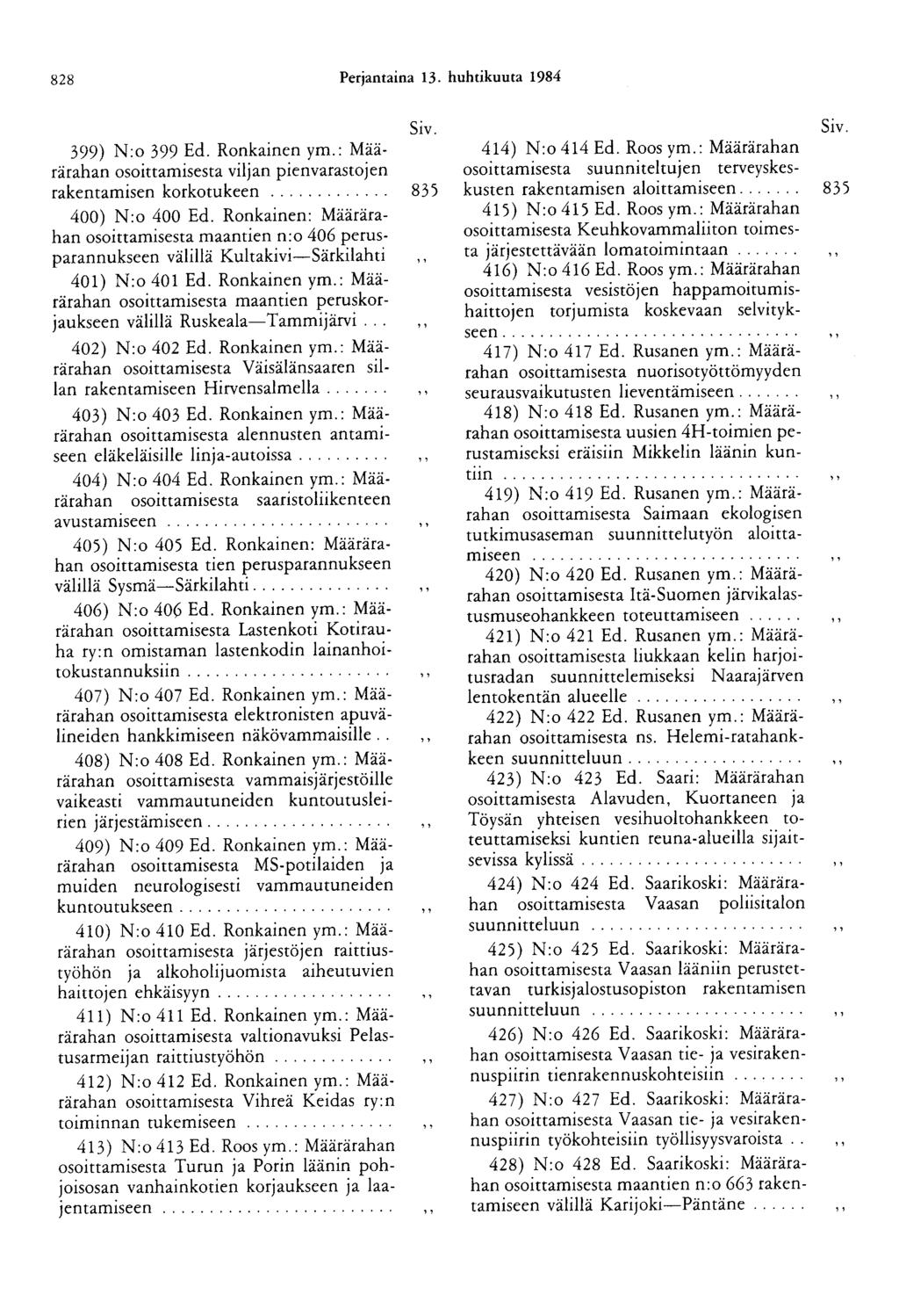 828 Perjantaina 13. huhtikuuta 1984 399) N:o 399 Ed. Ronkainen ym.: Määrärahan osoittamisesta viljan pienvarastojen rakentamisen korkotukeen............. 835 400) N:o 400 Ed.