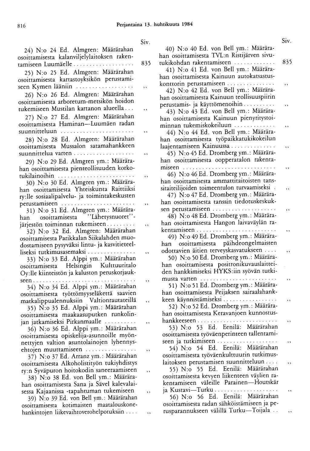 816 Perjantaina 13. huhtikuuta 1984 24) N:o 24 Ed. Almgren: Määrärahan osoittamisesta kalanviljelylaitoksen rakentamiseen Luumäelle............... 835 25) N: o 25 Ed.