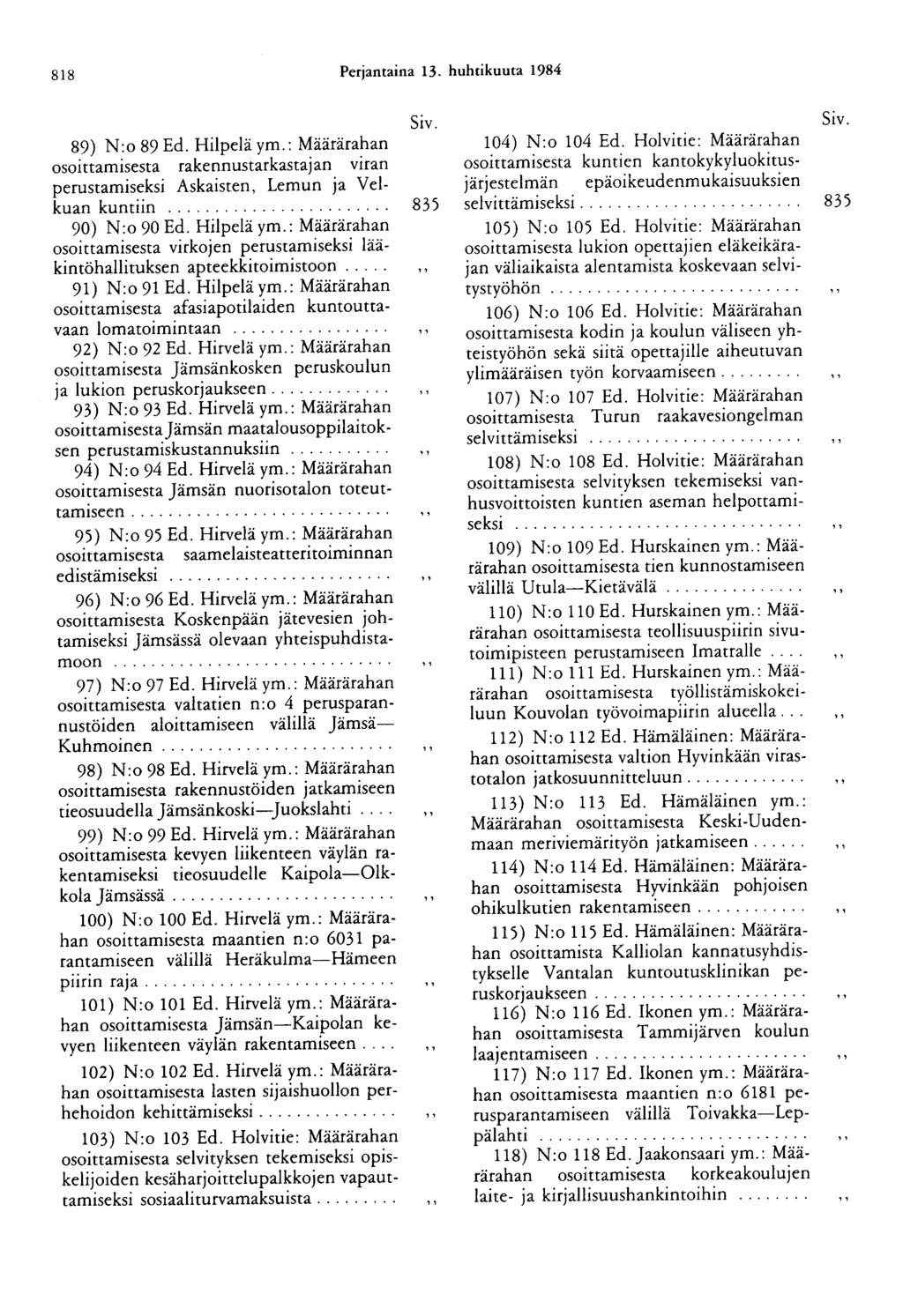 818 Perjantaina 13. huhtikuuta 1984 89) N:o89Ed. Hilpeläym.: Määrärahan osoittamisesta rakennustarkastajan viran perustamiseksi Askaisten, Lemun ja Velkuan kuntiin.... 90) N: o 90 Ed. Hil pelä ym.