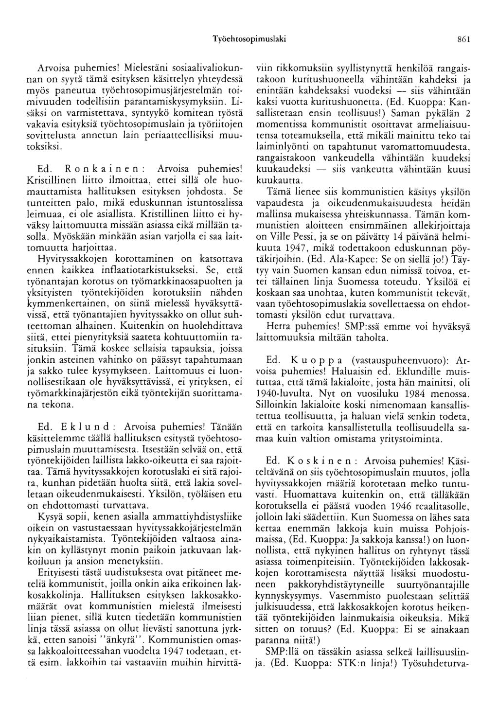 Työehtosopimuslaki 861 Arvoisa puhemies!