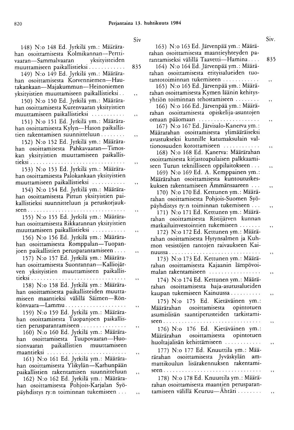 820 Perjantaina 13. huhtikuuta 1984 Siv 118) N:o 148 Ed. Jyrkilä ym.: Mä~rärahan osoittamisesta Kolmikannan-Perttivaaran-Sammalvaaran yksityisteiden muuttamiseen paikallistieksi............ 835 149) N :o 149 Ed.