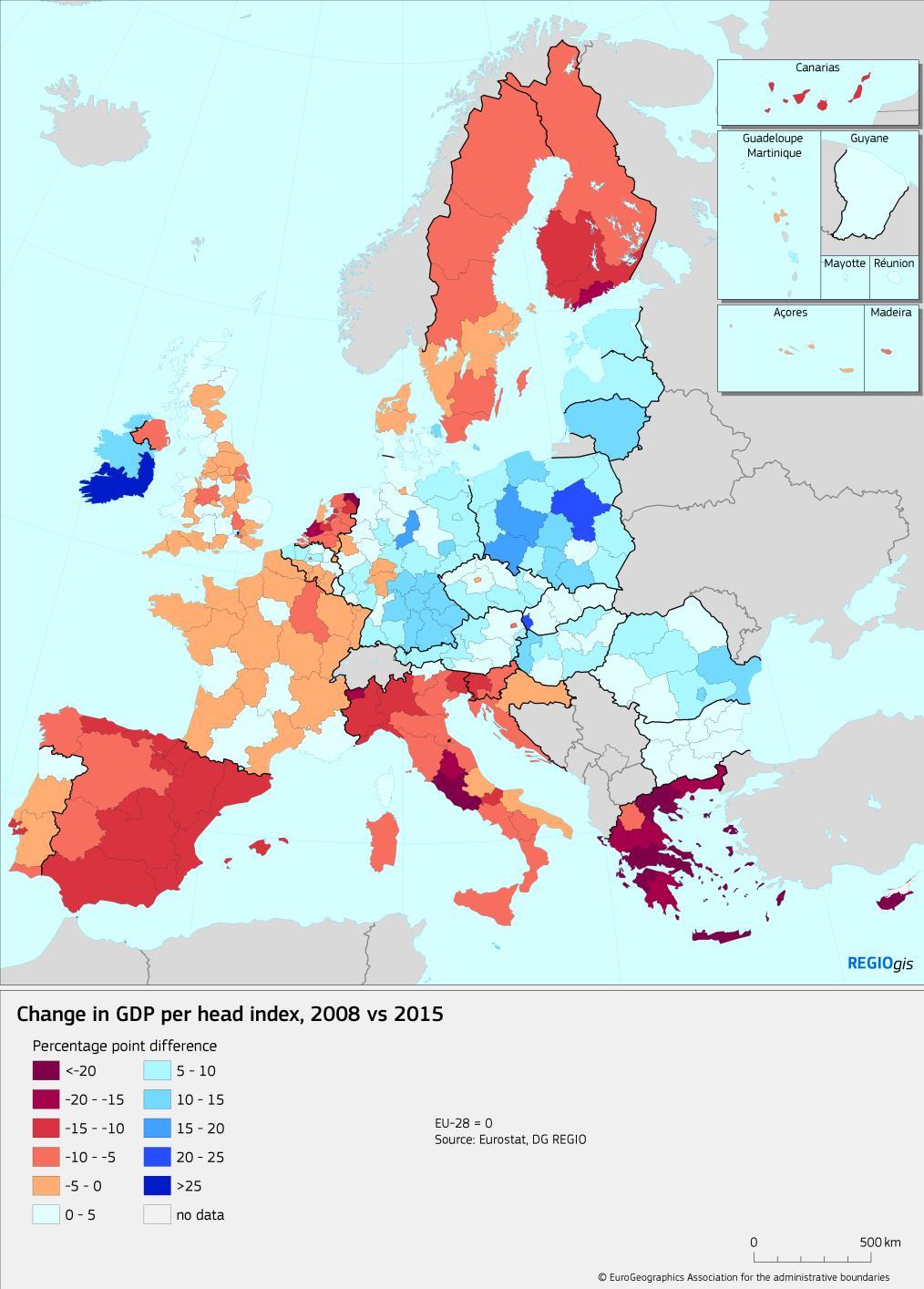 7. Koheesioraportti*: Alueelliset eroavaisuudet kaventumassa Itäisten jäsenvaltioiden alueet lähentyneet EUkeskiarvoa, mutta Kreikassa ja Italiassa on alueita, joissa kehitys on
