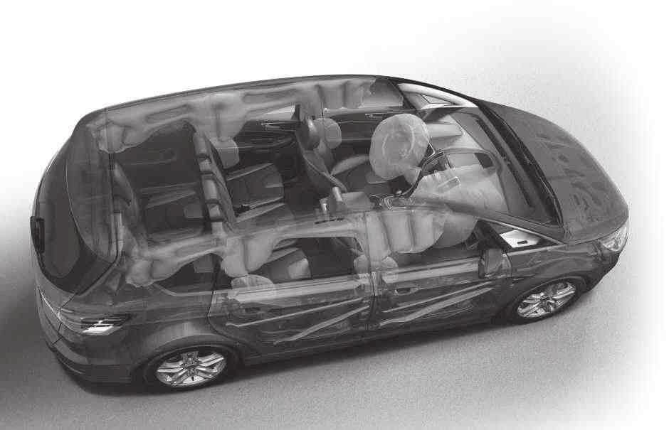 Älykäs IPS-turvajärjestelmä 1) Ford S-MAXin edistyksellinen älykäs IPS-turvajärjestelmä1) käyttää monia hienostuneita teknologioita sinun suojaamiseesi, kuten erittäin lujasta teräksestä valmistettua