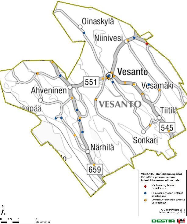 Vesannossa tapahtui vuosina 2012-2016 yhteensä 7 hirvi- ja 3 peuraonnettomuutta.