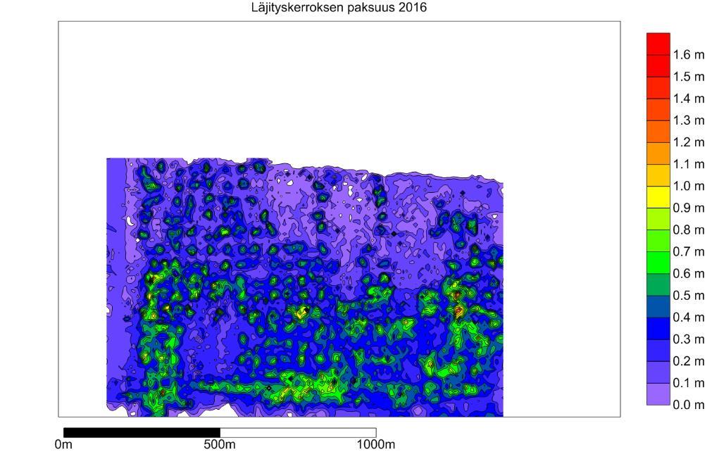 Hakemussuunnitelma 6.4.2017 10(18) Kuva 5. Läjityskerroksen paksuus vuonna 2016 eli vuosina 2012 ja 2016 mitattujen läjitysalueen korkeustasojen erotus (Lindfors 2017).