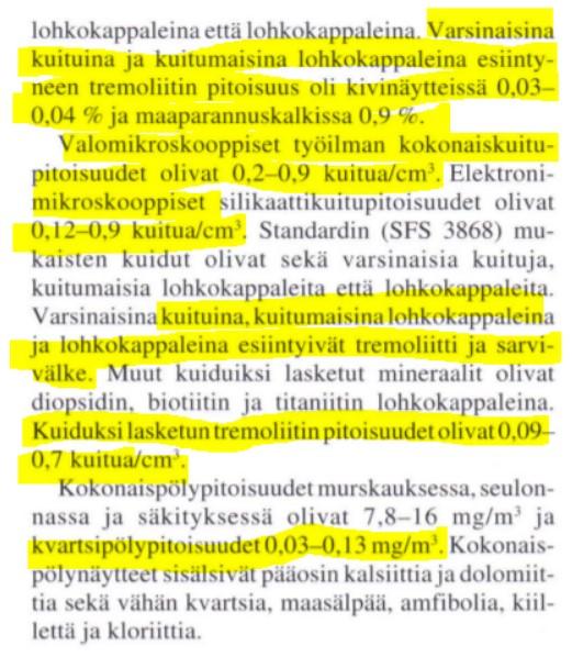 Yksi mahdollinen ongelma voisi olla kuituisten mineraalien ja asbestin esiintyminen, jota tunnetaan