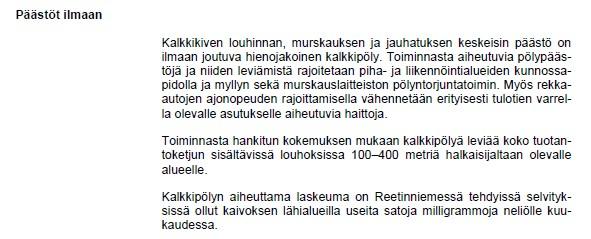 Kaivoksen pöly ympäristöluvan mukaan