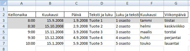 Kirjoita lukusarjan kaksi ensimmäistä arvoa. 2. Valitse solut 3. Vie kohdistin oikean alakulman kahvan päälle niin, että se muuttuu ristin muotoiseksi. 4. Vedä kahvasta alaspäin. 5.